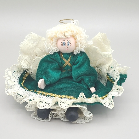 Vintage Angel with Gold Halo,  Curly Hair with Green Velvet Dress & Lace Details - Picture 1 of 5